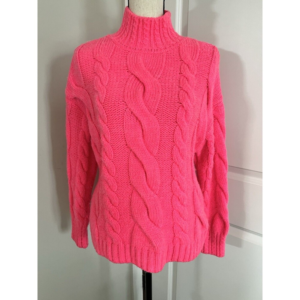 Anthropologie Braided Bright Pink Mock Neck Sweater XS EUC
